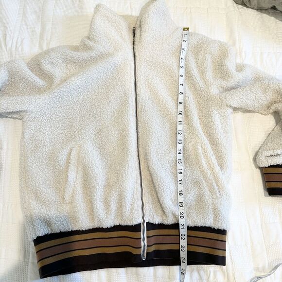 Mystree Jacket Womens Large Cream Brown Sherpa Teddy Bomber Stripe Faux Sherling - Picture 15 of 16